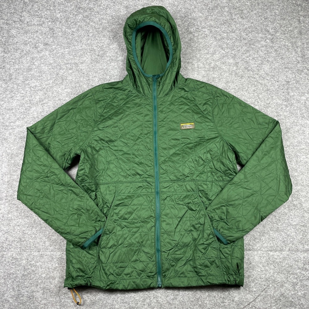 LL Bean Puffer Jacket Men M Green Primaloft Hooded Quilted Insulated Lightweight